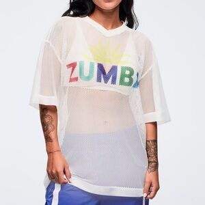 Zumba Fitness White Mesh Jersey Top ( FREE ZUMBA HAND TOWEL)